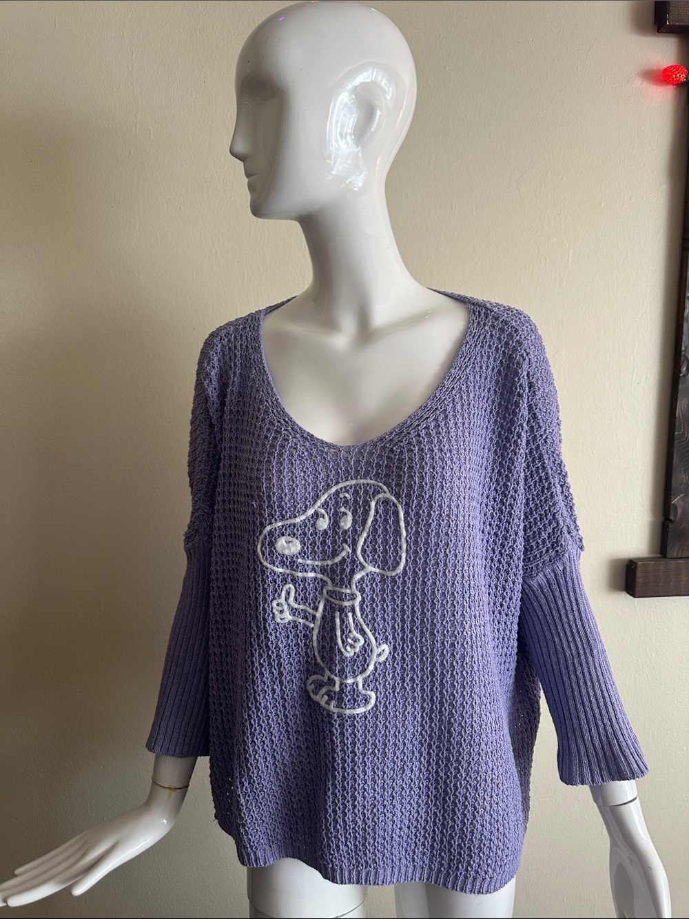 Lavender Knit Sweater with Snoopy Graphic - Women